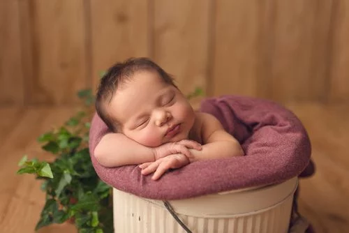 Nouveau-né endormi dans un panier beige avec coussin violet, décor naturel en arrière-plan